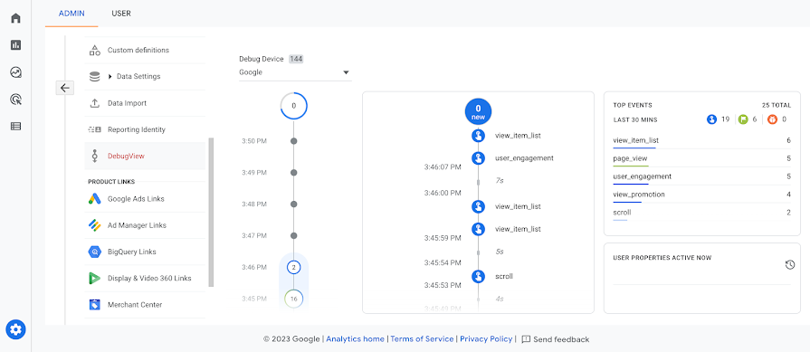 Скриншот DebugView из официальной справки Google. Названия и данные относятся к примеру Google.