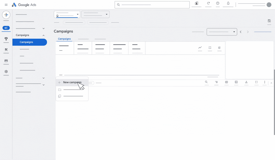 Google Ads: меню новой кампании. Кадр оригинальной учебной анимации Google Help, прежний интерфейс; это официальная демонстрация, а не снимок личного кабинета.