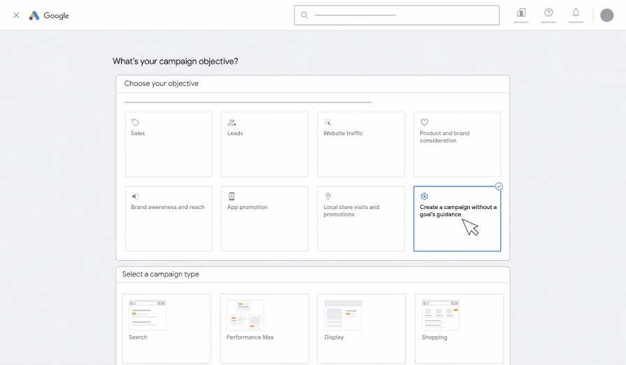 Google Ads: цель и тип кампании выбираются отдельно; карточка Search находится в нижнем блоке. Официальная учебная анимация из инструкции PMax, до выбора типа. Прежний интерфейс и состав карточек; не снимок текущего аккаунта.