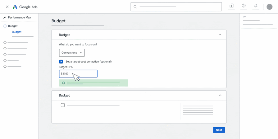 Google Ads: оптимизация на конверсии и поле целевого CPA в PMax. Оригинальный кадр учебной анимации Google Help; прежний интерфейс, пример суммы не рекомендация. Этот экран относится к PMax, его нельзя выдавать за мастер Search.