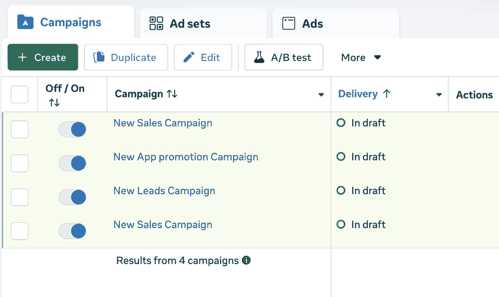 Meta Ads Manager: вкладки кампаний, групп и объявлений и кнопка создания кампании. Изображение кабинета из официального учебного руководства Meta, редакция января 2026 года; интерфейс на английском.