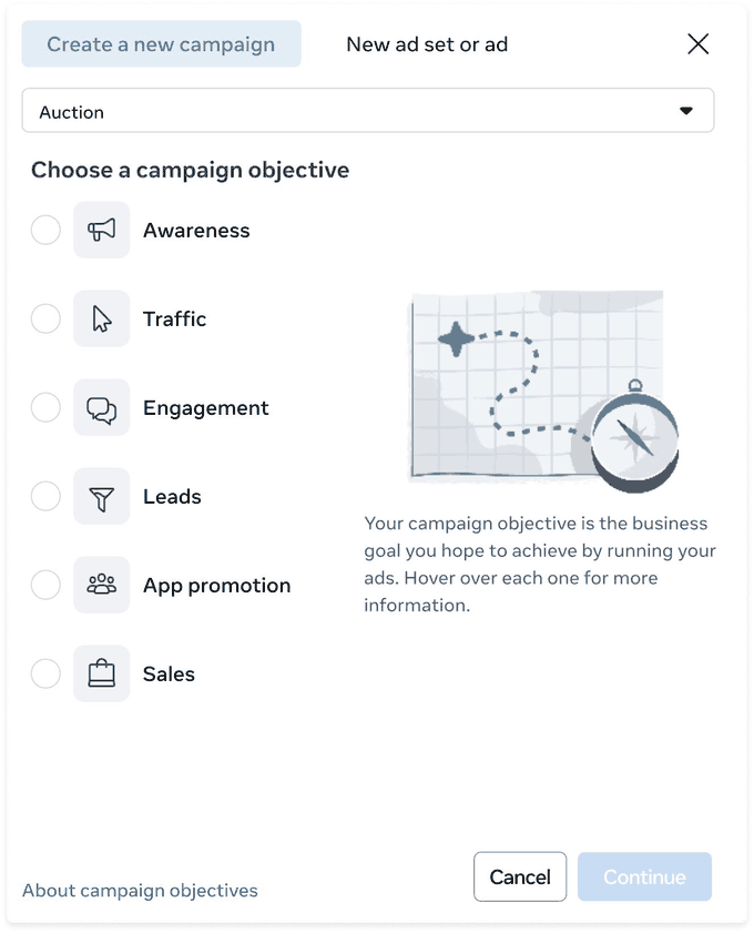 Meta Ads Manager: окно новой кампании с шестью целями и типом закупки. Оригинальное изображение из руководства Meta, редакция января 2026 года; английский интерфейс. Цель выбирают под завершённое действие пользователя.
